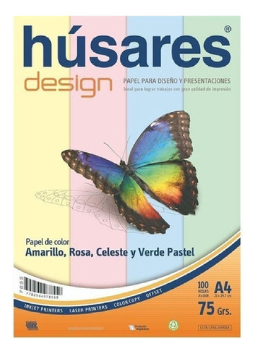 Resma Húsares Design A4 Colores Pasteles 75grs  X 100 Hojas