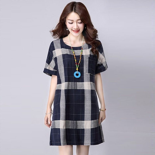 Vestido A Cuadros Para Mujer, Vestidos Sueltos De Lino De Ma