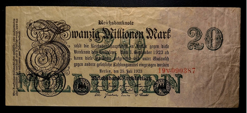 Alemania Billete 20 Millones Marcos 1923 Mb Pick 97b