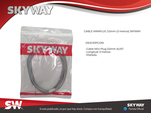 Cable Auxiliar 3 Metros Mini Plug 3,5mm Mallado Aux7 Skyway