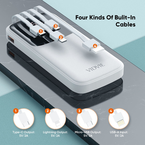 Imagen 4 de 4 de Powerbank Vidvie Pb758 10000 Mah Con Cables De Cargas