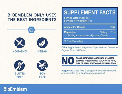 BioEmblem Magnesio Triple 300 mg Glicinato Malato y Citrato para Relajación Energía y Sueño Alta Absorción Vegano Sin OGM 90 Cápsulas