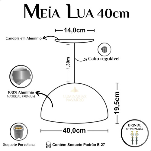 Luminária Pendente De Teto Meia Lua 40cm Orby Em Alumínio Preto Brilho Com Branco Lustre Para Sala