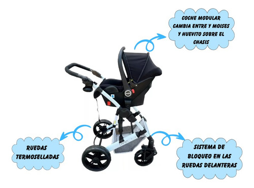 Imagen 6 de 8 de Coche Mega Baby Bebe Convertible Tres En Uno Con Huevito + Asiento Moisés Cuna Plegable Liviano