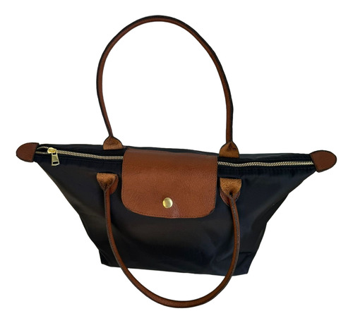Bolsa Estilo Long Champs Le Pliage Nylon Mediana Burgundy Negro Lisa Oro Marrón