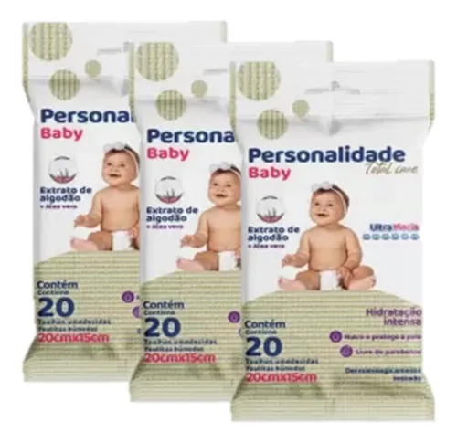 Kit 3 Toalhas Umedecidas Personalidade Baby Pocket 20 Un
