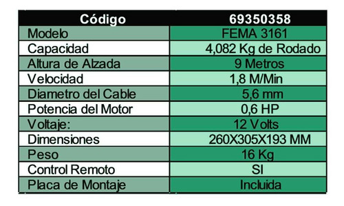 Imagen 2 de 6 de Aparejo Eléctrico 12v 9 Mt 4082 Kg 0,6 Hp Cable 5,6 Mm