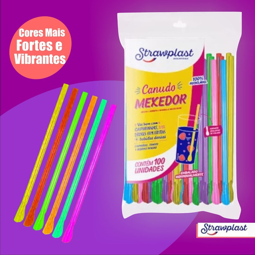 Canudo Colher Mexedor Colorido Strawplast 100 Unidades