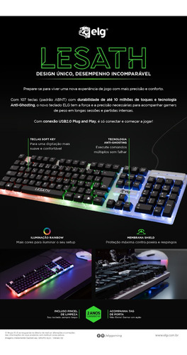 Teclado Membrana Gamer Lesath Elg, Abnt,rgb,usb,branco/preto Branco Português Brasil