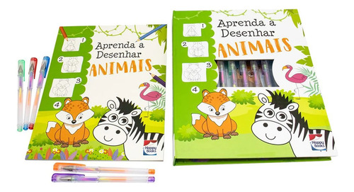 Animais Aprenda A Desenhar Animais + 5 Canetas Coloridas | Happy Books