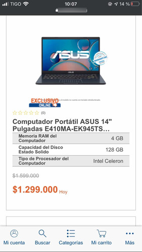 Portatil Asus 14 Pulgadas 4gb Ram Disco 128 Gb E410ma