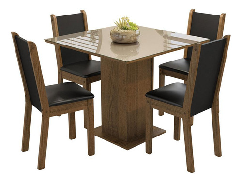 Mesa de comedor con tapa de cristal, 4 sillas Tifani Madesa, color rústico/crema/negro sintético