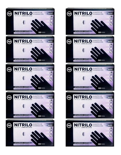 10 Guantes De Nitrilo Negros Descartables X 100 Unidades