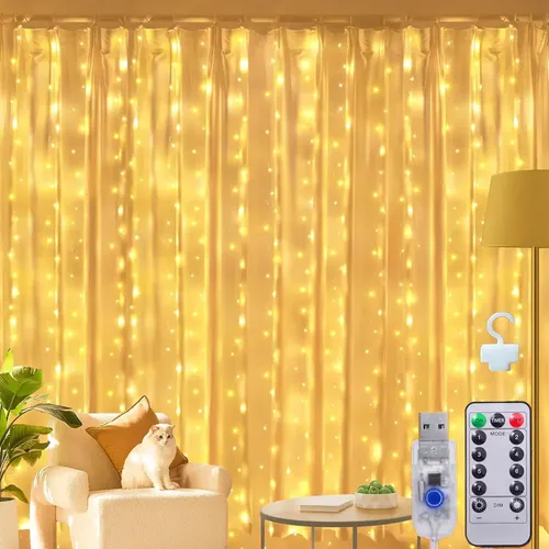 3*3m Cortina De Luz 300 Pisca Pisca Led Decoração De Natal Amarelo 110v/220v