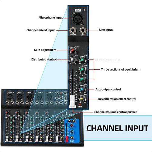 Imagen 5 de 9 de Consola Mixer 8 Canales Bluetooth Usb Phantom Power Eq F-7