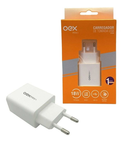 Carregador De Tomada Turbo Entrada Usb 18w Branco Oex Cg202