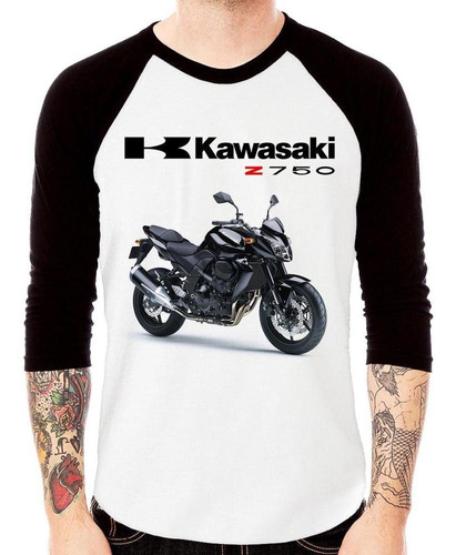 Camiseta Raglan Moto Kawasaki Z 750 Preta 3/4