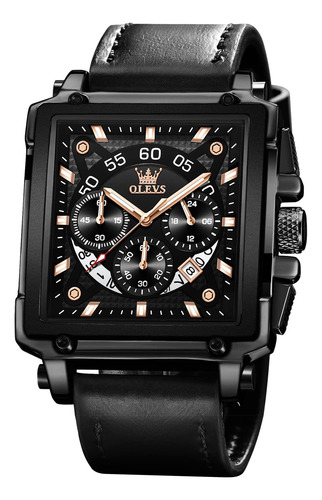 Reloj Olevs Square Chronograph Fashion Para Hombre, Piel Neg