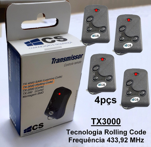 Controle Remoto Cs Rolling Code 433mhz Tx3000 Kit 4pçs