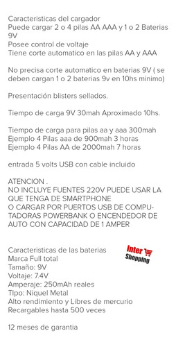 Imagen 4 de 6 de Cargador +2 Baterias 9v Recargables 250ma Carga Micro Usb