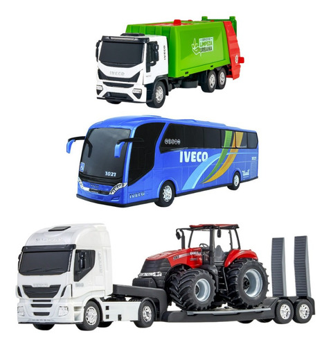 Caminhão Brinquedo Plataforma C/ Trator + Onibus Iveco +lixo