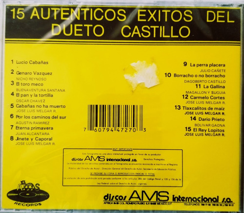 Dueto Castillo 15 Autenticos Exitos Cd Nuevo (Usado)