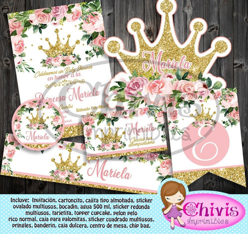 Kit Imprimible Cumpleaños Corona Niña Oro Princesa Birthday