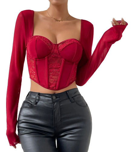 Rt Blusa Crop Top Campesina Corset Encaje Malla Manga Larga