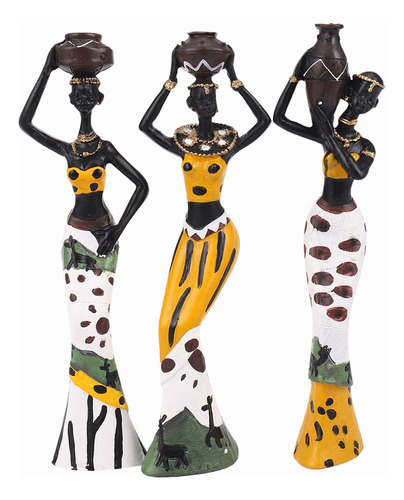 Jarrón Retro, Estatua De Mujer Africana, 3 Piezas, Resina Ex