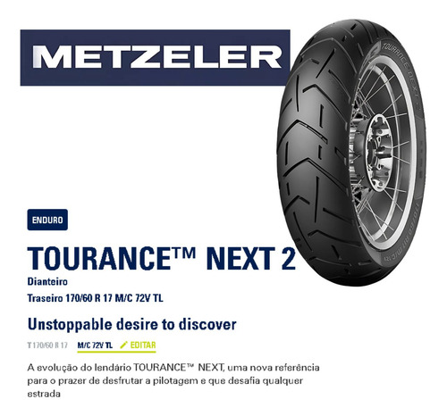 Pneu Traseiro 170/60-17 Tourance Next Ii (72v) Tl Metzeler