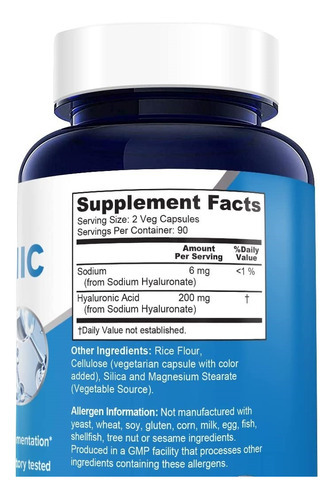 Ácido Hialurónico 200 Mg - 180 Cápsulas Vegetales - Sabor Sin Sabor