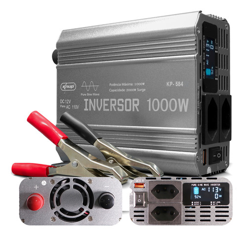 Kit Inversor 12v Para 110v 1000w Onda Senoidal Pura Pico 2000w Painel Led Com Indicador Botão Liga/desliga Tripla Proteção Tomada Universal Acompanha Garra De Jacare 100a Brinde