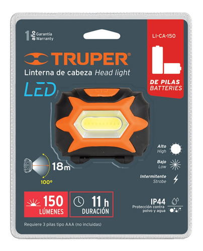 Imagen 2 de 2 de Linterna De Cabeza 150 Lúmenes 1 Led Truper 11751