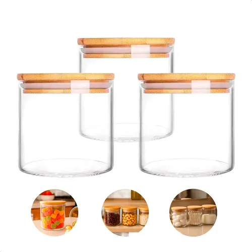 Kit 3 Potes Vidro Borossilicato Herméticos Tampa Bambu 500ml
