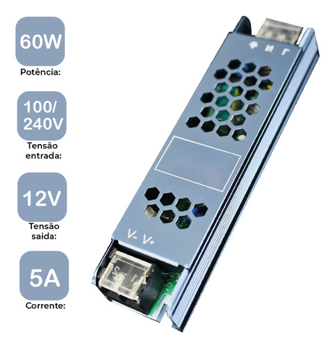 Kit 5 Fonte Chaveada 5a 12v 60w P/ Cftv Fita Led Bivolt