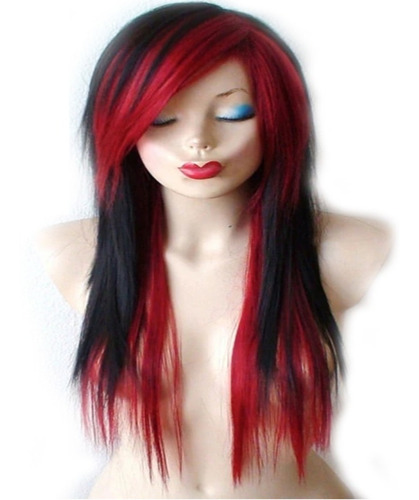 Peluca Con Flequillo Negro Y Rojo Aspecto Natural Kawaii