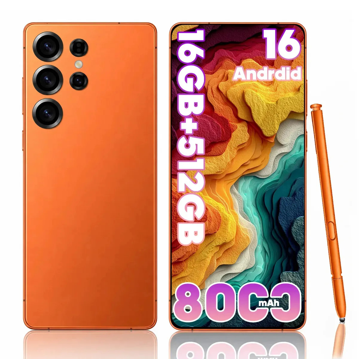 Xgody S26Ultra+ Naranja Teléfono Dual Sim 512 Gb ROM 16 Gb RAM Octa-core Android 16.0 Batería 8000 mAh 6.75 pulgadas Full HD Doble Cámara Smartphone Celular