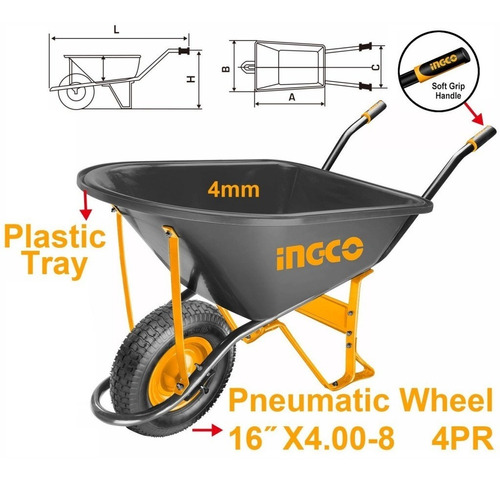 Carretilla Rueda Neumática 100lts 150kg Ingco Hhwb66018 *ub*