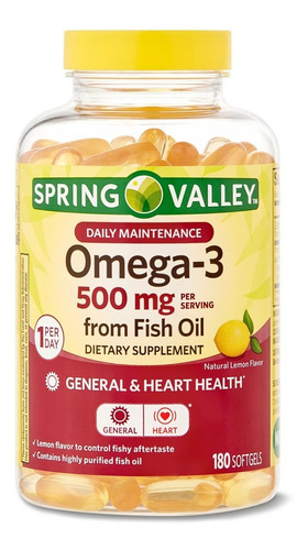 Omega-3 500 mg con 180 cápsulas blandas con sabor a limón - Spring Valley Lemon Flavor