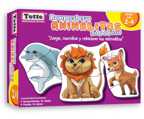 6 Rompecabezas en 1 Totte Animalitos | De 3, 4 y 5 piezas | Piezas Grandes, Gruesas y Durables | Diseñado Para Uso Infantil