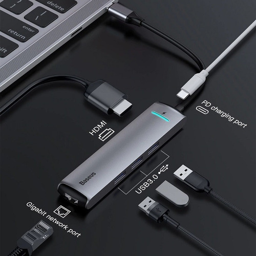 Imagem 6 de 7 de Hub Adaptador Macbook Pro 6em1 Usb-c Hdmi Pd Usb Rj45 Baseus