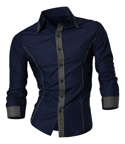 Camisa Elegante Diseño Moda Manga Larga Ray Azul Oscuro