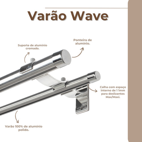 Kit Varão Duplo Deslizante Wave 28/19mm 2 Metros Alumínio Cor Cromado