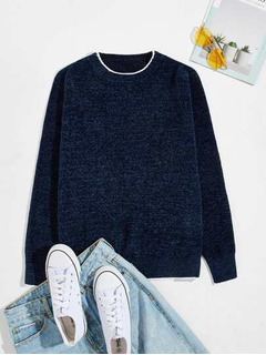 Sweater Azul Marino Detalle De Moños Blancos Shein 