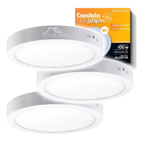 3 Plafones Led Redondos Con Base 18w Cálida Candela 6834