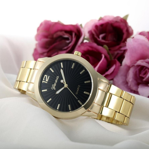 Relógio Feminino Dourado Luxo Geneva Pulseira Aço Inoxidável