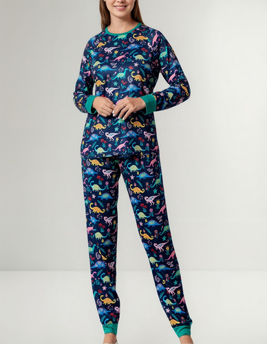Pijama Familiar Navideño Redondo Con Estampado De Dinosaurio