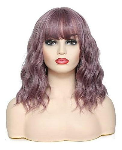 Remy Aeki Short Wavy Bob Wig Con Bangs Curly Hombro 6j21n