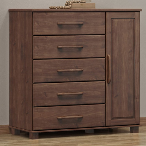 Comoda 5 Gavetas 1 Porta Madeira Maciça 125 Cm 2251 Cafe Mil