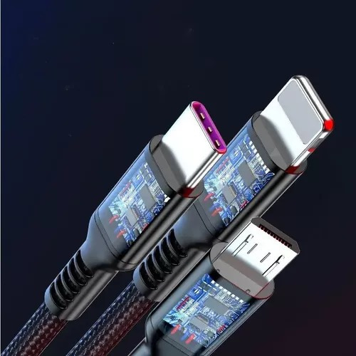 Cabo Carregador Rápido 100w 3 Em 1 Usb Tipo C 5a Micro 2m